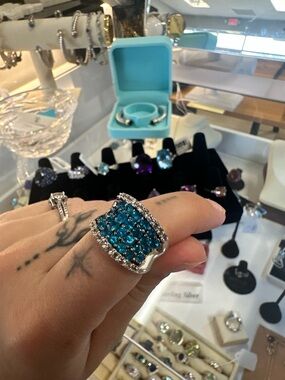 Sterling Silver Blue Crystal Pavé Statement Ring size 8